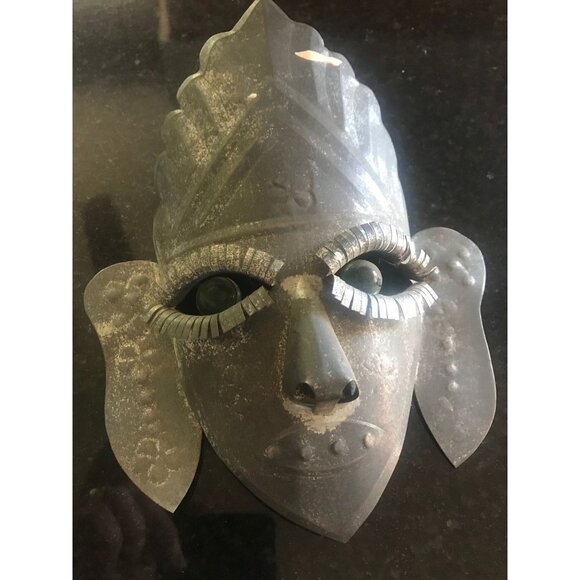 1973 Mexican Folk Art Vintage Tin Mask Stamped MEXICO Green Marble Eyes Great Ey